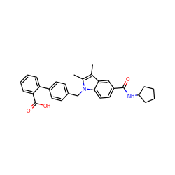 Cc1c(C)n(Cc2ccc(-c3ccccc3C(=O)O)cc2)c2ccc(C(=O)NC3CCCC3)cc12 ZINC000205994563