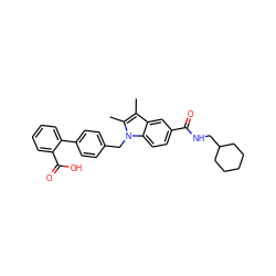 Cc1c(C)n(Cc2ccc(-c3ccccc3C(=O)O)cc2)c2ccc(C(=O)NCC3CCCCC3)cc12 ZINC000205977546