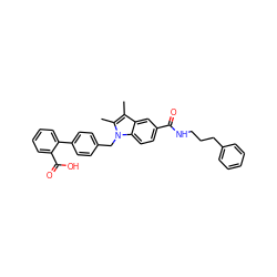 Cc1c(C)n(Cc2ccc(-c3ccccc3C(=O)O)cc2)c2ccc(C(=O)NCCCc3ccccc3)cc12 ZINC000045368394