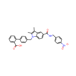 Cc1c(C)n(Cc2ccc(-c3ccccc3C(=O)O)cc2)c2ccc(C(=O)NCc3ccc([N+](=O)[O-])cc3)cc12 ZINC000205979472