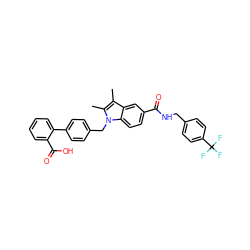 Cc1c(C)n(Cc2ccc(-c3ccccc3C(=O)O)cc2)c2ccc(C(=O)NCc3ccc(C(F)(F)F)cc3)cc12 ZINC000205975818