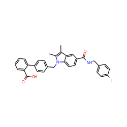 Cc1c(C)n(Cc2ccc(-c3ccccc3C(=O)O)cc2)c2ccc(C(=O)NCc3ccc(F)cc3)cc12 ZINC000205981926