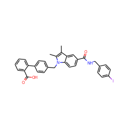 Cc1c(C)n(Cc2ccc(-c3ccccc3C(=O)O)cc2)c2ccc(C(=O)NCc3ccc(I)cc3)cc12 ZINC000205982315