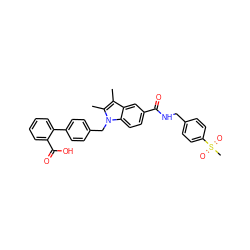 Cc1c(C)n(Cc2ccc(-c3ccccc3C(=O)O)cc2)c2ccc(C(=O)NCc3ccc(S(C)(=O)=O)cc3)cc12 ZINC000205972420