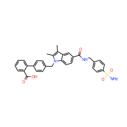 Cc1c(C)n(Cc2ccc(-c3ccccc3C(=O)O)cc2)c2ccc(C(=O)NCc3ccc(S(N)(=O)=O)cc3)cc12 ZINC000205980441