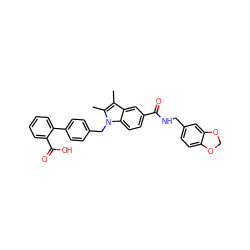 Cc1c(C)n(Cc2ccc(-c3ccccc3C(=O)O)cc2)c2ccc(C(=O)NCc3ccc4c(c3)OCO4)cc12 ZINC000205972532