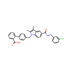 Cc1c(C)n(Cc2ccc(-c3ccccc3C(=O)O)cc2)c2ccc(C(=O)NCc3cccc(Cl)c3)cc12 ZINC000205969270