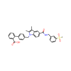 Cc1c(C)n(Cc2ccc(-c3ccccc3C(=O)O)cc2)c2ccc(C(=O)NCc3cccc(S(C)(=O)=O)c3)cc12 ZINC000205966068