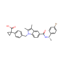 Cc1c(C)n(Cc2ccc(C3(C(=O)O)CC3)cc2)c2ccc(C(=O)N[C@@H](C)c3ccc(Br)cc3)cc12 ZINC000198511560