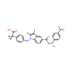 Cc1c(C)n(Cc2ccc(C3(C(=O)O)CC3)cc2)c2ccc(C(=O)N[C@@H](C)c3ccc(C(C)C)cc3)cc12 ZINC000198923415