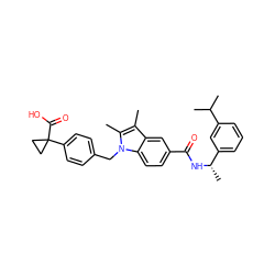 Cc1c(C)n(Cc2ccc(C3(C(=O)O)CC3)cc2)c2ccc(C(=O)N[C@@H](C)c3cccc(C(C)C)c3)cc12 ZINC000198923011