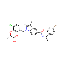 Cc1c(C)n(Cc2ccc(Cl)c(O[C@@H](C)C(=O)O)c2)c2ccc(C(=O)N[C@@H](C)c3ccc(Br)cc3)cc12 ZINC000205999981