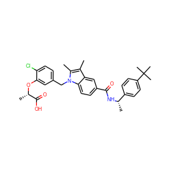 Cc1c(C)n(Cc2ccc(Cl)c(O[C@@H](C)C(=O)O)c2)c2ccc(C(=O)N[C@@H](C)c3ccc(C(C)(C)C)cc3)cc12 ZINC000205989875