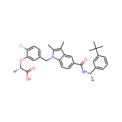 Cc1c(C)n(Cc2ccc(Cl)c(O[C@@H](C)C(=O)O)c2)c2ccc(C(=O)N[C@@H](C)c3cccc(C(C)(C)C)c3)cc12 ZINC000206005276