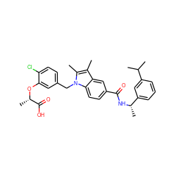 Cc1c(C)n(Cc2ccc(Cl)c(O[C@@H](C)C(=O)O)c2)c2ccc(C(=O)N[C@@H](C)c3cccc(C(C)C)c3)cc12 ZINC000206002668