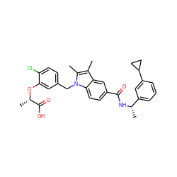 Cc1c(C)n(Cc2ccc(Cl)c(O[C@@H](C)C(=O)O)c2)c2ccc(C(=O)N[C@@H](C)c3cccc(C4CC4)c3)cc12 ZINC000206010884