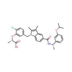 Cc1c(C)n(Cc2ccc(Cl)c(O[C@@H](C)C(=O)O)c2)c2ccc(C(=O)N[C@@H](C)c3cccc(OC(C)C)c3)cc12 ZINC000205983454