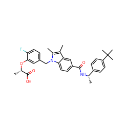 Cc1c(C)n(Cc2ccc(F)c(O[C@@H](C)C(=O)O)c2)c2ccc(C(=O)N[C@@H](C)c3ccc(C(C)(C)C)cc3)cc12 ZINC000206017710