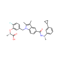 Cc1c(C)n(Cc2ccc(F)c(O[C@@H](C)C(=O)O)c2)c2ccc(C(=O)N[C@@H](C)c3cccc(C4CC4)c3)cc12 ZINC000206009995