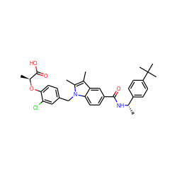 Cc1c(C)n(Cc2ccc(O[C@@H](C)C(=O)O)c(Cl)c2)c2ccc(C(=O)N[C@@H](C)c3ccc(C(C)(C)C)cc3)cc12 ZINC000206008910