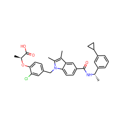 Cc1c(C)n(Cc2ccc(O[C@@H](C)C(=O)O)c(Cl)c2)c2ccc(C(=O)N[C@@H](C)c3cccc(C4CC4)c3)cc12 ZINC000206005025