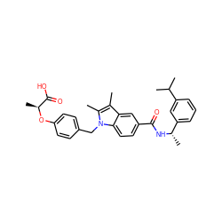 Cc1c(C)n(Cc2ccc(O[C@@H](C)C(=O)O)cc2)c2ccc(C(=O)N[C@@H](C)c3cccc(C(C)C)c3)cc12 ZINC000206004778