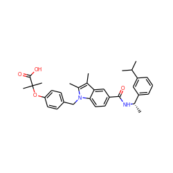 Cc1c(C)n(Cc2ccc(OC(C)(C)C(=O)O)cc2)c2ccc(C(=O)N[C@@H](C)c3cccc(C(C)C)c3)cc12 ZINC000205990163