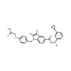 Cc1c(C)n(Cc2ccc(OCC(=O)O)cc2)c2ccc(C(=O)N[C@@H](C)c3cccc(C4CC4)c3)cc12 ZINC000199073715