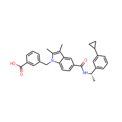 Cc1c(C)n(Cc2cccc(C(=O)O)c2)c2ccc(C(=O)N[C@@H](C)c3cccc(C4CC4)c3)cc12 ZINC000206003654