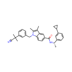 Cc1c(C)n(Cc2cccc(C(C)(C)C#N)c2)c2ccc(C(=O)N[C@@H](C)c3cccc(C4CC4)c3)cc12 ZINC000206021243