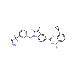 Cc1c(C)n(Cc2cccc(C(C)(C)C(N)=O)c2)c2ccc(C(=O)N[C@@H](C)c3cccc(C4CC4)c3)cc12 ZINC000206005477