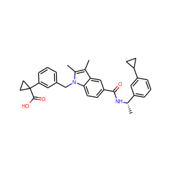 Cc1c(C)n(Cc2cccc(C3(C(=O)O)CC3)c2)c2ccc(C(=O)N[C@@H](C)c3cccc(C4CC4)c3)cc12 ZINC000206011570