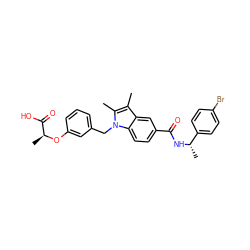 Cc1c(C)n(Cc2cccc(O[C@@H](C)C(=O)O)c2)c2ccc(C(=O)N[C@@H](C)c3ccc(Br)cc3)cc12 ZINC000205995695