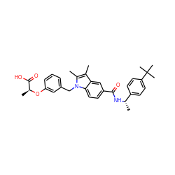 Cc1c(C)n(Cc2cccc(O[C@@H](C)C(=O)O)c2)c2ccc(C(=O)N[C@@H](C)c3ccc(C(C)(C)C)cc3)cc12 ZINC000205994880