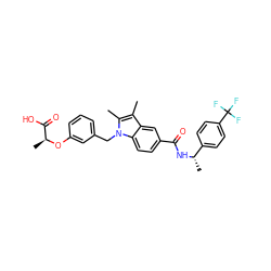 Cc1c(C)n(Cc2cccc(O[C@@H](C)C(=O)O)c2)c2ccc(C(=O)N[C@@H](C)c3ccc(C(F)(F)F)cc3)cc12 ZINC000208089443