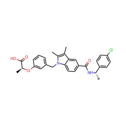 Cc1c(C)n(Cc2cccc(O[C@@H](C)C(=O)O)c2)c2ccc(C(=O)N[C@@H](C)c3ccc(Cl)cc3)cc12 ZINC000206003412