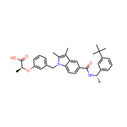 Cc1c(C)n(Cc2cccc(O[C@@H](C)C(=O)O)c2)c2ccc(C(=O)N[C@@H](C)c3cccc(C(C)(C)C)c3)cc12 ZINC000205991404