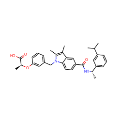 Cc1c(C)n(Cc2cccc(O[C@@H](C)C(=O)O)c2)c2ccc(C(=O)N[C@@H](C)c3cccc(C(C)C)c3)cc12 ZINC000205985714