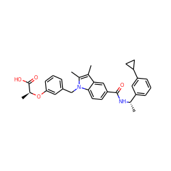 Cc1c(C)n(Cc2cccc(O[C@@H](C)C(=O)O)c2)c2ccc(C(=O)N[C@@H](C)c3cccc(C4CC4)c3)cc12 ZINC000206002844