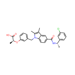 Cc1c(C)n(Cc2cccc(O[C@@H](C)C(=O)O)c2)c2ccc(C(=O)N[C@@H](C)c3cccc(Cl)c3)cc12 ZINC000206001073