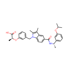 Cc1c(C)n(Cc2cccc(O[C@@H](C)C(=O)O)c2)c2ccc(C(=O)N[C@@H](C)c3cccc(OC(C)C)c3)cc12 ZINC000206005741