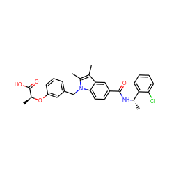 Cc1c(C)n(Cc2cccc(O[C@@H](C)C(=O)O)c2)c2ccc(C(=O)N[C@@H](C)c3ccccc3Cl)cc12 ZINC000205991066