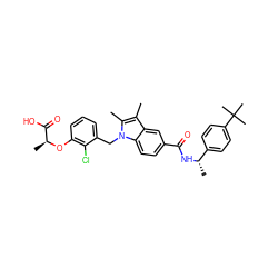 Cc1c(C)n(Cc2cccc(O[C@@H](C)C(=O)O)c2Cl)c2ccc(C(=O)N[C@@H](C)c3ccc(C(C)(C)C)cc3)cc12 ZINC000206014590