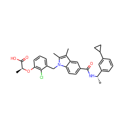 Cc1c(C)n(Cc2cccc(O[C@@H](C)C(=O)O)c2Cl)c2ccc(C(=O)N[C@@H](C)c3cccc(C4CC4)c3)cc12 ZINC000206009967