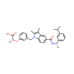 Cc1c(C)n(Cc2cccc(O[C@H](C)C(=O)O)c2)c2ccc(C(=O)N[C@@H](C)c3cccc(C(C)C)c3)cc12 ZINC000205985746