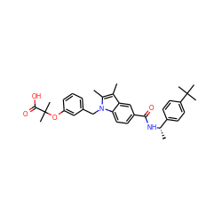 Cc1c(C)n(Cc2cccc(OC(C)(C)C(=O)O)c2)c2ccc(C(=O)N[C@@H](C)c3ccc(C(C)(C)C)cc3)cc12 ZINC000206000535