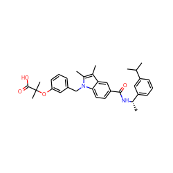 Cc1c(C)n(Cc2cccc(OC(C)(C)C(=O)O)c2)c2ccc(C(=O)N[C@@H](C)c3cccc(C(C)C)c3)cc12 ZINC000205979216