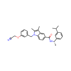 Cc1c(C)n(Cc2cccc(OCC#N)c2)c2ccc(C(=O)N[C@@H](C)c3cccc(C(C)C)c3)cc12 ZINC000205995610