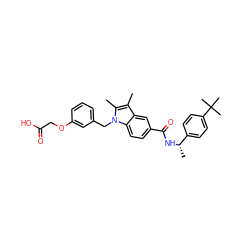 Cc1c(C)n(Cc2cccc(OCC(=O)O)c2)c2ccc(C(=O)N[C@@H](C)c3ccc(C(C)(C)C)cc3)cc12 ZINC000199073750