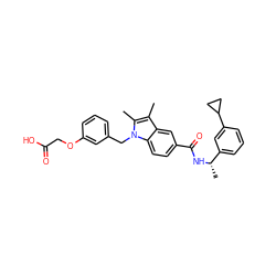 Cc1c(C)n(Cc2cccc(OCC(=O)O)c2)c2ccc(C(=O)N[C@@H](C)c3cccc(C4CC4)c3)cc12 ZINC000199073787